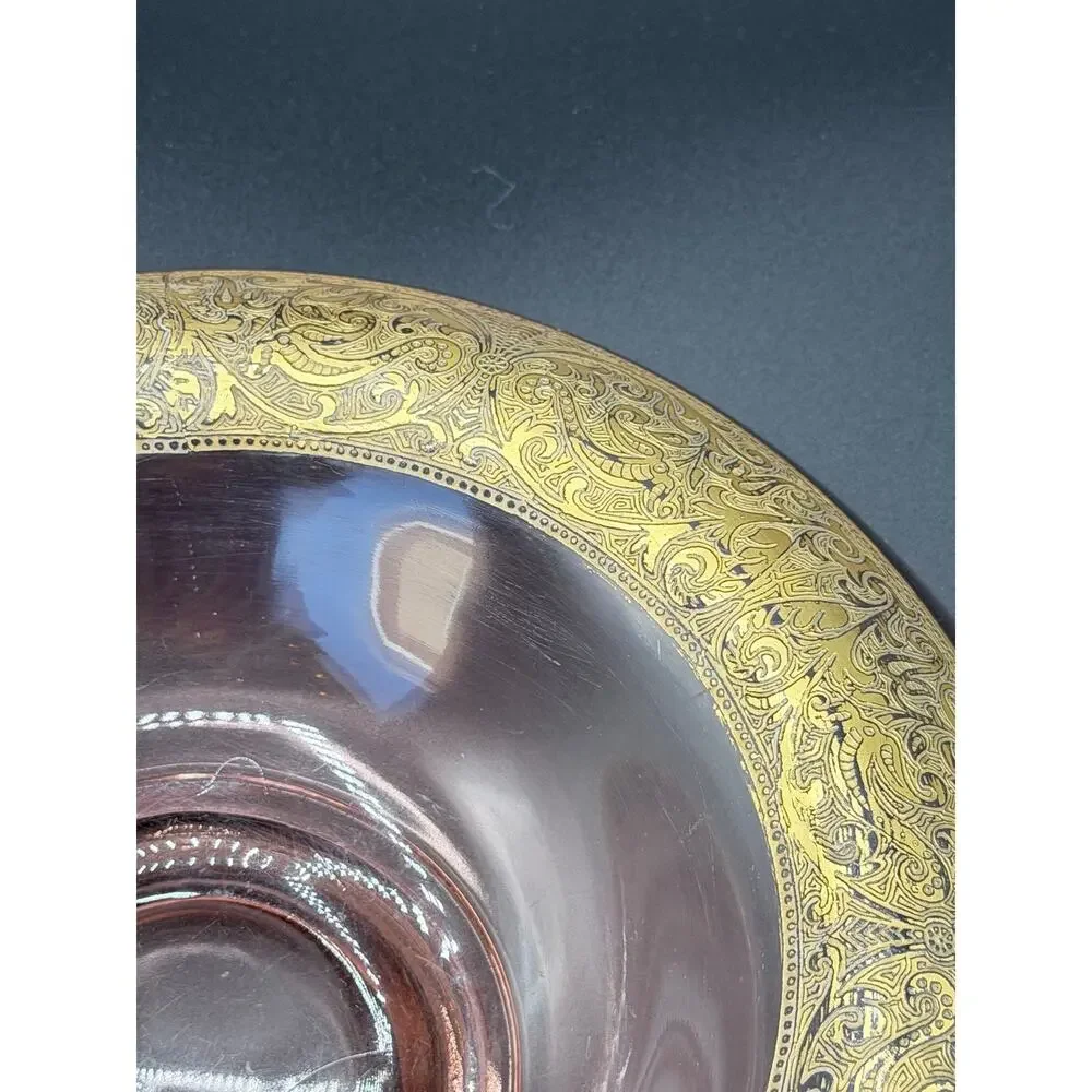 Vintage Pink Depression Glass Console Bowl Gold Encrusted Floral Rim
